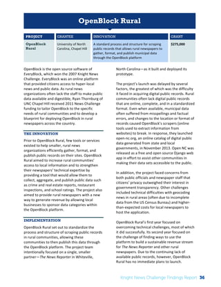 The 
Knight 
News 
Challenge: 
A 
Review 
of 
the 
2011 
Winners 
1 
OpenBlock Rural 
PROJECT GRANTEE INNOVATION GRANT 
OpenBlock 
Rural 
University 
of 
North 
Carolina, 
Chapel 
Hill 
A 
standard 
process 
and 
structure 
for 
scraping 
public 
records 
that 
allows 
rural 
newspapers 
to 
gather, 
format, 
and 
publish 
municipal 
data 
through 
the 
OpenBlock 
platform 
$275,000 
OpenBlock 
is 
the 
open 
source 
software 
of 
EveryBlock, 
which 
won 
the 
2007 
Knight 
News 
Challenge. 
EveryBlock 
was 
an 
online 
platform 
that 
provided 
citizens 
access 
to 
hyper-­‐local 
news 
and 
public 
data. 
As 
rural 
news 
organizations 
often 
lack 
the 
staff 
to 
make 
public 
data 
available 
and 
digestible, 
Ryan 
Thornburg 
of 
UNC 
Chapel 
Hill 
received 
2011 
News 
Challenge 
funding 
to 
tailor 
OpenBlock 
to 
the 
specific 
needs 
of 
rural 
communities 
and 
to 
develop 
a 
blueprint 
for 
deploying 
OpenBlock 
in 
rural 
newspapers 
across 
the 
country. 
THE INNOVATION 
Prior 
to 
OpenBlock 
Rural, 
few 
tools 
or 
services 
existed 
to 
help 
smaller, 
rural 
news 
organizations 
efficiently 
gather, 
format, 
and 
publish 
public 
records 
on 
their 
sites. 
OpenBlock 
Rural 
aimed 
to 
increase 
rural 
communities’ 
access 
to 
local 
information 
and 
to 
strengthen 
their 
newspapers’ 
technical 
expertise 
by 
providing 
a 
tool 
that 
would 
allow 
them 
to 
collect, 
aggregate, 
and 
publish 
public 
data 
such 
as 
crime 
and 
real 
estate 
reports, 
restaurant 
inspections, 
and 
school 
ratings. 
The 
project 
also 
aimed 
to 
provide 
rural 
newspapers 
with 
a 
new 
way 
to 
generate 
revenue 
by 
allowing 
local 
businesses 
to 
sponsor 
data 
categories 
within 
the 
OpenBlock 
platform. 
IMPLEMENTATION 
OpenBlock 
Rural 
set 
out 
to 
standardize 
the 
process 
and 
structure 
of 
scraping 
public 
records 
in 
rural 
communities, 
allowing 
these 
communities 
to 
then 
publish 
this 
data 
through 
the 
OpenBlock 
platform. 
The 
project 
team 
intentionally 
focused 
on 
a 
single, 
smaller 
partner—The 
News 
Reporter 
in 
Whiteville, 
North 
Carolina—as 
it 
built 
and 
deployed 
its 
prototype. 
The 
project’s 
launch 
was 
delayed 
by 
several 
factors, 
the 
greatest 
of 
which 
was 
the 
difficulty 
it 
faced 
in 
acquiring 
digital 
public 
records. 
Rural 
communities 
often 
lack 
digital 
public 
records 
that 
are 
online, 
complete, 
and 
in 
a 
standardized 
format. 
Even 
when 
available, 
municipal 
data 
often 
suffered 
from 
misspellings 
and 
factual 
errors, 
and 
changes 
to 
the 
location 
or 
format 
of 
records 
caused 
OpenBlock’s 
scrapers 
(online 
tools 
used 
to 
extract 
information 
from 
websites) 
to 
break. 
In 
response, 
they 
launched 
open-­‐nc.org, 
an 
online 
catalog 
of 
digital 
public 
data 
generated 
from 
state 
and 
local 
governments, 
in 
November 
2013. 
Open 
NC 
was 
released 
as 
a 
free 
and 
open 
source 
Django 
web 
app 
in 
effort 
to 
assist 
other 
communities 
in 
making 
their 
data 
sets 
accessible 
to 
the 
public. 
In 
addition, 
the 
project 
faced 
concerns 
from 
both 
public 
officials 
and 
newspaper 
staff 
that 
citizens’ 
privacy 
outweighed 
their 
interest 
in 
government 
transparency. 
Other 
challenges 
included 
technical 
difficulties 
with 
geocoding 
news 
in 
rural 
areas 
(often 
due 
to 
incomplete 
data 
from 
the 
US 
Census 
Bureau) 
and 
higher-­‐ 
than-­‐expected 
costs 
for 
local 
newspapers 
to 
host 
the 
application. 
OpenBlock 
Rural’s 
first 
year 
focused 
on 
overcoming 
technical 
challenges, 
most 
of 
which 
it 
did 
successfully. 
Its 
second 
year 
focused 
on 
the 
challenge 
of 
finding 
ways 
to 
use 
the 
platform 
to 
build 
a 
sustainable 
revenue 
stream 
for 
The 
News 
Reporter 
and 
other 
rural 
newspapers. 
Due 
to 
the 
continuing 
lack 
of 
available 
public 
records, 
however, 
OpenBlock 
Rural 
has 
no 
immediate 
plans 
to 
launch. 
Knight News Challenge Findings Report 36 
 
