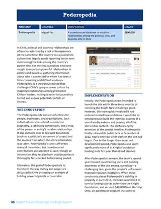 The 
Knight 
News 
Challenge: 
A 
Review 
of 
the 
2011 
Winners 
1 
Poderopedia 
PROJECT GRANTEE INNOVATION GRANT 
Poderopedia Miguel 
Paz 
A 
crowdsourced 
database 
to 
visualize 
relationships 
among 
the 
political, 
civic, 
and 
business 
elite 
in 
Chile 
$200,000 
In 
Chile, 
political 
and 
business 
relationships 
are 
often 
characterized 
by 
a 
lack 
of 
transparency. 
At 
the 
same 
time, 
the 
country 
has 
a 
journalistic 
culture 
that 
largely 
avoids 
reporting 
on 
(or 
even 
mentioning) 
the 
links 
among 
the 
country’s 
power 
elite. 
For 
the 
few 
journalists 
who 
have 
sought 
to 
report 
on 
powerful 
relationships 
in 
politics 
and 
business, 
gathering 
information 
about 
who 
is 
connected 
to 
whom 
has 
been 
a 
time-­‐consuming 
and 
difficult 
endeavor. 
Poderopedia 
is 
a 
crowdsourced 
site 
that 
challenges 
Chile’s 
opaque 
power 
culture 
by 
mapping 
relationships 
among 
prominent 
Chilean 
leaders, 
making 
it 
easier 
for 
journalists 
to 
find 
and 
expose 
potential 
conflicts 
of 
interest. 
THE INNOVATION 
The 
Poderopedia 
site 
consists 
of 
entries 
for 
people, 
businesses, 
and 
organizations. 
Each 
individual 
entry 
has 
a 
brief 
summary 
or 
biography, 
a 
tab 
listing 
connections, 
and 
a 
map 
of 
the 
person 
or 
entity’s 
notable 
relationships. 
It 
also 
contains 
links 
to 
relevant 
documents 
(such 
as 
a 
politician’s 
statement 
of 
assets) 
and 
the 
sources 
from 
which 
the 
entry 
information 
was 
taken. 
Poderopedia’s 
core 
staff 
writes 
many 
of 
the 
entries, 
but 
crowdsourced 
contributions 
are 
accepted 
as 
well, 
though 
all 
information 
they 
receive 
from 
outside 
parties 
is 
thoroughly 
fact-­‐checked 
before 
being 
posted. 
Ultimately, 
the 
goal 
of 
Poderopedia 
is 
to 
transform 
the 
way 
money 
and 
power 
are 
discussed 
in 
Chile 
by 
setting 
an 
example 
of 
holding 
powerful 
people 
accountable. 
IMPLEMENTATION 
Initially, 
the 
Poderopedia 
team 
intended 
to 
launch 
the 
site 
within 
three 
to 
six 
months 
of 
receiving 
the 
Knight 
News 
Challenge 
grant. 
However, 
the 
team 
quickly 
realized 
it 
had 
underestimated 
how 
ambitious 
it 
would 
be 
to 
simultaneously 
build 
the 
technical 
aspects 
of 
a 
user-­‐friendly 
website 
and 
develop 
all 
of 
the 
site’s 
initial 
content. 
This 
led 
to 
a 
lengthy 
extension 
of 
the 
project 
timeline. 
Poderopedia 
finally 
released 
its 
public 
beta 
in 
December 
of 
2012, 
nearly 
one 
year 
after 
work 
on 
the 
site 
had 
begun. 
Due 
to 
the 
longer-­‐than-­‐expected 
development 
period, 
Poderopedia 
also 
spent 
significantly 
more 
of 
its 
Knight 
Foundation 
funding 
in 
its 
first 
year 
than 
it 
had 
planned. 
After 
Poderopedia’s 
release, 
the 
team’s 
second 
year 
focused 
on 
attracting 
users 
and 
building 
awareness 
of 
the 
site 
among 
journalists—a 
challenging 
task, 
given 
the 
project’s 
unforeseen 
financial 
resource 
constraints. 
When 
these 
constraints 
placed 
Poderopedia’s 
viability 
in 
jeopardy 
in 
early 
2013, 
the 
team 
was 
forced 
to 
turn 
to 
funding 
sources 
other 
than 
the 
Knight 
Foundation, 
and 
secured 
$40,000 
from 
Start-­‐Up 
Chile, 
an 
accelerator 
program 
that 
aims 
to 
43 Knight News Challenge Findings Report 
 