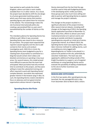 Spending Stories Site Visits 
400 
300 
200 
100 
The 
Knight 
News 
Challenge: 
A 
Review 
of 
the 
2011 
Winners 
2 
have 
worked 
as 
well 
outside 
the 
United 
Kingdom, 
where 
such 
data 
is 
more 
readily 
available 
than 
it 
is 
in 
other 
nations. 
As 
a 
result, 
the 
project 
team 
decided 
to 
shift 
the 
site 
design 
to 
a 
human-­‐generated 
matching 
system, 
in 
which 
users 
find 
news 
stories 
that 
mention 
spending 
figures 
and 
submit 
them 
for 
inclusion 
in 
the 
website. 
The 
revised 
design 
makes 
the 
site 
functional 
internationally 
while 
also 
creating 
a 
personalized 
filter 
so 
users 
aren’t 
overwhelmed 
by 
the 
number 
of 
stories 
on 
the 
site. 
The 
intended 
audience 
for 
Spending 
Stories 
has 
shifted 
as 
well. 
When 
it 
was 
conceived, 
Spending 
Stories 
was 
meant 
to 
be 
a 
resource 
for 
journalists. 
The 
project 
team 
expected 
that 
reporters 
would 
regularly 
visit 
the 
site 
to 
add 
context 
to 
their 
stories 
and 
conduct 
investigative 
work. 
With 
this 
in 
mind, 
the 
Spending 
Stories 
team 
budgeted 
to 
pay 
for 
a 
rotating 
team 
of 
journalists 
to 
contribute 
to 
a 
blog 
that 
would 
contain 
short 
videos 
and 
detailed 
commentary 
on 
spending 
in 
key 
issue 
areas. 
For 
several 
reasons, 
this 
model 
proved 
more 
difficult 
to 
execute 
than 
the 
team 
had 
anticipated. 
Most 
journalists 
had 
only 
minimal 
time 
to 
contribute 
to 
the 
project, 
and 
few 
were 
willing 
to 
invest 
the 
substantial 
training 
and 
effort 
required 
to 
work 
with 
Spending 
Stories’ 
complex 
datasets. 
Journalists 
also 
expressed 
greater 
interest 
in 
the 
browser 
plug-­‐in 
idea. 
As 
such, 
the 
Spending 
Stories 
creators 
decided 
to 
focus 
on 
advocacy 
and 
non-­‐governmental 
organizations 
whose 
interest 
in 
Spending 
Stories 
stemmed 
from 
the 
fact 
that 
the 
app 
could 
be 
used 
to 
help 
with 
budgeting 
decisions 
in 
the 
developing 
world. 
Unlike 
journalists, 
these 
groups 
were 
also 
much 
more 
willing 
and 
able 
to 
partner 
with 
Spending 
Stories 
to 
explore 
and 
manage 
the 
project’s 
datasets. 
The 
changes 
to 
the 
project 
resulted 
in 
a 
significant 
alteration 
of 
the 
project 
timeline. 
After 
several 
internal 
reboots, 
including 
staff 
changes 
at 
the 
beginning 
of 
2013, 
the 
Spending 
Stories 
application 
launched 
on 
November 
21, 
2013. 
Since 
then, 
efforts 
to 
attract 
users 
have 
involved 
promotion 
at 
in-­‐person 
events 
and 
paying 
an 
outside 
contributor 
to 
populate 
spendingstories.org 
with 
an 
initial 
set 
of 
stories 
to 
generate 
interest. 
As 
of 
March 
2014, 
the 
Spending 
Stories 
team 
was 
exploring 
other, 
less 
labor-­‐intensive 
methods 
for 
adding 
stories, 
such 
as 
enabling 
any 
story 
tagged 
with 
#spendingstories 
on 
Twitter 
to 
be 
placed 
in 
a 
queue 
to 
be 
posted 
on 
the 
site, 
potentially 
by 
volunteer 
moderators. 
The 
team 
was 
also 
applying 
for 
additional 
funding 
outside 
of 
the 
Knight 
Foundation 
to 
support 
a 
set 
of 
targeted 
workshops 
on 
using 
Spending 
Stories 
and 
to 
evaluate 
the 
possibility 
of 
adding 
a 
leaderboard 
to 
the 
site 
to 
further 
incentivize 
user 
contributions. 
REACH AND OUTCOMES 
In 
the 
first 
two 
weeks 
after 
spendingstories.org 
launched, 
the 
site 
averaged 
69 
visits 
a 
day. 
From 
December 
2013 
to 
March 
2014, 
visitors 
0 
Nov-­‐13 
Dec-­‐13 
Jan-­‐14 
Feb-­‐14 
Mar-­‐14 
Visits 
TLrineenadr 
l 
i(nVeis 
(itVsi)s 
its) 
53 Knight News Challenge Findings Report 
 