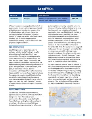 Interim 
Review: 
2010 
Knight 
News 
Challenge 
Winners 
1 
LocalWiki 
PROJECT GRANTEE INNOVATION GRANT 
LocalWiki WikiSpot 
An 
easy-­‐to-­‐use, 
open-­‐source 
“wiki” 
platform 
tailored 
to 
the 
needs 
of 
local 
communities 
$360,500 
Wikis 
are 
websites 
developed 
collaboratively 
by 
a 
community 
of 
users, 
allowing 
any 
user 
to 
add 
and 
edit 
content. 
Based 
on 
the 
success 
of 
its 
first 
locally 
based 
wiki 
in 
Davis, 
California, 
LocalWiki 
received 
Knight 
News 
Challenge 
funding 
to 
create 
specialized, 
open-­‐source 
wiki 
software 
and 
to 
help 
other 
geographic 
communities 
develop, 
launch, 
and 
sustain 
wiki 
projects 
using 
this 
software. 
THE INNOVATION 
LocalWiki 
pioneered 
locally 
focused 
wiki 
software 
with 
the 
goal 
of 
making 
it 
easy 
for 
people 
to 
share 
knowledge 
of 
their 
own 
communities. 
The 
platform 
enables 
users 
to 
create 
pages 
and 
articles, 
upload 
photos 
and 
files, 
and 
edit 
others’ 
pages. 
Community 
wiki 
pages 
can 
feature 
articles 
on 
anything 
from 
the 
news 
and 
history 
of 
the 
area 
to 
updates 
on 
local 
public 
transportation, 
nearby 
attractions, 
lost 
pets, 
or 
local 
social 
services. 
Specific 
innovations 
within 
LocalWiki’s 
software 
include 
its 
accessibility 
and 
ease 
of 
use, 
tagging 
features 
for 
pages, 
and 
mapping 
capabilities 
that 
allow 
users 
to 
link 
pages 
to 
points 
and 
areas 
on 
a 
map. 
Users 
can 
easily 
view 
and 
reverse 
edits 
to 
pages 
and 
maps 
and 
track 
their 
wiki’s 
number 
of 
pages 
and 
contributors 
through 
a 
dashboard 
feature. 
IMPLEMENTATION 
LocalWiki 
set 
out 
to 
develop 
an 
enhanced, 
open-­‐source 
wiki 
platform 
with 
documentation 
designed 
to 
meet 
the 
needs 
of 
local 
communities. 
Because 
the 
project’s 
Knight 
News 
Challenge 
funding 
focused 
more 
heavily 
on 
software 
development, 
LocalWiki 
was 
limited 
to 
launching 
and 
testing 
its 
software 
in 
just 
one 
pilot 
community. 
LocalWiki 
turned 
to 
the 
crowd-­‐funding 
platform 
Kickstarter 
to 
help 
fund 
outreach 
and 
education 
efforts 
and 
eventually 
raised 
over 
$26,000 
with 
the 
help 
of 
427 
individual 
donors. 
Delays 
in 
the 
initial 
disbursement 
of 
Knight 
grant 
funds 
pushed 
back 
the 
start 
of 
the 
project 
by 
about 
three 
months, 
but 
progress 
picked 
up 
when 
the 
project 
received 
its 
funding. 
LocalWiki 
publicly 
released 
its 
first 
version 
of 
the 
software 
on 
November 
30, 
2011. 
The 
platform 
was 
designed 
to 
be 
easier 
for 
non-­‐developers 
to 
install 
and 
to 
create 
a 
more 
accessible 
editing 
process. 
LocalWiki 
marketed 
this 
software 
to 
the 
open-­‐ 
source 
community 
through 
the 
project’s 
own 
development 
mailing 
list, 
through 
interaction 
with 
other 
projects 
on 
GitHub, 
and 
through 
a 
series 
of 
hackathons 
on 
LocalWiki’s 
code. 
LocalWiki 
selected 
Denton, 
Texas 
to 
serve 
as 
its 
first 
pilot 
community 
because 
Denton’s 
project 
leads 
seemed 
the 
most 
able 
and 
motivated 
to 
work 
under 
limited 
initial 
guidance. 
By 
piloting 
DentonWiki, 
LocalWiki 
aimed 
to 
gain 
essential 
feedback 
on 
the 
new 
software 
as 
it 
was 
being 
developed, 
and 
to 
gain 
experience 
helping 
other 
communities 
create 
and 
launch 
local 
wiki 
projects. 
Prior 
to 
the 
launch 
of 
DentonWiki, 
LocalWiki 
worked 
with 
the 
team 
in 
Denton 
to 
Knight News Challenge Findings Report 74 
 