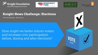 Knight News Challenge: Elections
#newschallenge #elections
How might we better inform voters
and increase civic participation
before, during and after elections?
 