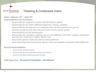 Ticketing & Credentials Intern
Dates: February 15th – April 15th
Responsibilities and Description:
     – Responsible for credential creation and distribution system
     – Responsible for all Ticket Fulfillment (Sponsors, Charity, Vendors)
     – Responsible for development of credential sheets for all security access points
     – Develop overall security plan and work with on-site security vendor
     – Responsible for on-site parking plan
     – Responsible for inventory, tracking and on-site fulfillment of tickets, parking credentials
        and vouchers (Volunteer, Caddie, Media, etc)
     – Assist with sponsor, trade and charity ticket fulfillment
     – Work with Corporate Partnerships Sponsor intern to complete corporate ticket fulfillment

General Responsibilities:
     – Assist with special events
     – Assist with general championship operations
     – Assist with daily administrative needs

Staff Supervisor: Tournament Coordinator – Kira Meixner




10
 