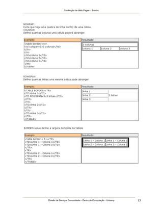 Confecção de Web Pages - Básico
Divisão de Serviços Comunidade – Centro de Computação - Unicamp 13
 
