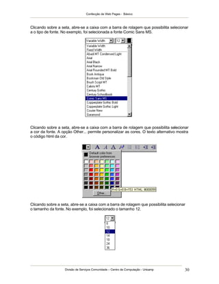Confecção de Web Pages - Básico
Divisão de Serviços Comunidade – Centro de Computação - Unicamp 30
Clicando sobre a seta, abre-se a caixa com a barra de rolagem que possibilita selecionar
a o tipo de fonte. No exemplo, foi selecionada a fonte Comic Sans MS.
Clicando sobre a seta, abre-se a caixa com a barra de rolagem que possibilita selecionar
a cor da fonte. A opção Other... permite personalizar as cores. O texto alternativo mostra
o código html da cor.
Clicando sobre a seta, abre-se a caixa com a barra de rolagem que possibilita selecionar
o tamanho da fonte. No exemplo, foi selecionado o tamanho 12.
 