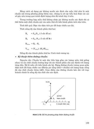 B»ng c¸ch sö dông pic kh«ng muèn x¸c ®Þnh cña mÉu thö nh− lµ mét
chuÈn néi trong ph−¬ng ph¸p thªm nµy, chóng ta sÏ cùc tiÓu ho¸ ®−îc c¸c sai
sè g©y nªn trong qu¸ tr×nh ®Þnh l−îng nh− ®· tr×nh bµy ë trªn.
     Trong tr−êng hîp mÉu thö kh«ng chøa pic kh«ng muèn x¸c ®Þnh th× cã
thÓ thªm mét chÊt chuÈn néi vµo mÉu thö råi tiÕn hµnh ph©n tÝch nh− trªn.
     TÝnh kÕt qu¶: Dùa vµo diÖn tÝch pic (S) hoÆc chiÒu cao (h).
     TÝnh nång ®é cña thµnh phÇn thø hai:

           Ra     = S2a/S1a ( ë s¾c ®å a )

           Rb     = S2b /S1b ( ë s¾c ®å b )

           Rthªm = Rb - Ra

           Ythö   = (Ythªm). (Ra)/Rthªm

     Nång ®é cña thµnh phÇn thø ba: C¸ch tÝnh t−¬ng tù .
• Kü thuËt thªm ®−êng chuÈn:
     Nguyªn t¾c: ChuÈn bÞ mét d·y hçn hîp gåm c¸c l−îng mÉu thö gièng
nhau vµ c¸c chÊt chuÈn (t−¬ng øng víi c¸c thµnh phÇn cÇn x¸c ®Þnh) víi l−îng
t¨ng dÇn. Xö lý mÉu råi tiÕn hµnh s¾c ký. Dùng ®−êng chuÈn t−¬ng quan gi÷a
diÖn tÝch (S) hoÆc chiÒu cao (H)cña pic tæng (thö + chuÈn) víi l−îng hoÆc nång
®é cña chÊt chuÈn thªm (∆C). Giao ®iÓm cña ®−êng chuÈn kÐo dµi víi trôc
hoµnh chÝnh lµ nång ®é cña chÊt cÇn x¸c ®Þnh.



                                     S (H)




                                                   dd thö
                                              SX   thªm chuÈn


                                CX                 C chuÈn thªm vµo




                    H×nh 3.15: §å thÞ ph−¬ng ph¸p thªm ®−êng chuÈn



                                                                          109
 