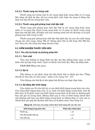 5.2.2.3. Thuèc nang tan trong ruét
     Thuèc nang tan trong ruét lµ c¸c nang cøng hoÆc nang mÒm cã vá nang
bÒn v÷ng víi dÞch d¹ dµy, chØ tan trong dÞch ruét; hoÆc c¸c nang cã ®ãng cèm
®−îc bao líp chØ tan trong dÞch ruét.

5.2.2.4. Thuèc nang gi¶i phãng ho¹t chÊt ®Æc biÖt
     Thuèc nang gi¶i phãng ho¹t chÊt ®Æc biÖt lµ c¸c nang cøng hoÆc nang
mÒm cã vá nang hay thuèc trong nang hoÆc c¶ vá nang vµ thuèc trong nang
®−îc bµo chÕ ®Æc biÖt, ®Ó kiÓm so¸t hay ch−¬ng tr×nh ho¸ tèc ®é hoÆc vÞ trÝ gi¶i
phãng ho¹t chÊt trong c¬ thÓ.
     Thuèc nang gi¶i phãng ho¹t chÊt ®Æc biÖt ph¶i ®¹t c¸c yªu cÇu chÊt l−îng
chung cña viªn nang, riªng “§é r·” kh«ng ph¶i thö vµ b¾t buéc thö “§é hßa
tan” theo yªu cÇu riªng cña tõng chuyªn luËn.

5.3. KiÓm nghiÖm thuèc viªn nÐn
5.3.1. Yªu cÇu kü thuËt vµ ph−¬ng ph¸p thö
5.3.1.1. TÝnh chÊt
     Viªn nÐn th−êng cã d¹ng h×nh trô dÑt, hai ®¸y ph¼ng hoÆc cong, cã thÓ
kh¾c ch÷, ký hiÖu hoÆc r·nh. C¹nh vµ thµnh viªn lµnh lÆn. Mµu s¾c ®ång nhÊt.
     C¸ch thö: B»ng c¶m quan.

5.3.1.2. §é r·
     NÕu kh«ng cã qui ®Þnh riªng th× tiÕn hµnh thö vµ ®¸nh gi¸ theo "PhÐp
thö ®é r· viªn nÐn vµ viªn nang" - phÇn 5.10, trang 154 - 157.
     Viªn kh«ng cÇn thö ®é r· khi phÐp thö ®é hßa tan ®−îc thùc hiÖn.

5.3.1.3. §é ®ång ®Òu khèi l−îng
      C©n chÝnh x¸c 20 viªn bÊt kú vµ x¸c ®Þnh khèi l−îng trung b×nh cña viªn.
C©n riªng khèi l−îng tõng viªn vµ so s¸nh víi khèi l−îng trung b×nh, tÝnh ®é
lÖch theo tû lÖ phÇn tr¨m cña khèi l−îng trung b×nh tõ ®ã tÝnh ra kho¶ng giíi
h¹n cña gi¸ trÞ trung b×nh. Kh«ng ®−îc qu¸ 2 viªn cã khèi l−îng chªnh lÖch
qu¸ kho¶ng giíi h¹n cña khèi l−îng trung b×nh vµ kh«ng ®−îc cã viªn nµo cã
chªnh lÖch qu¸ gÊp ®«i ®é lÖch tÝnh theo tû lÖ phÇn tr¨m, theo b¶ng 5.6.

          B¶ng 5.6. Giíi h¹n cho phÐp chªnh lÖch khèi l−îng ®èi víi viªn nÐn

         Khèi l−îng trung b×nh viªn                    PhÇn tr¨m chªnh lÖch
     Tíi 80 mg                                                 ± 10
     Trªn 80 mg ®Õn 250 mg                                     ± 7,5
     Trªn 250 mg                                                ±5


                                                                               147
 