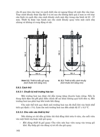 cho ®i qua t©m cña trôc vµ c¹nh d−íi cña nã ngang b»ng víi mÆt ®¸y cña trôc.
Trôc c¸nh khuÊy ®−îc l¾p ®Æt ë vÞ trÝ sao cho kh«ng lÖch qu¸ 2 mm so víi trôc
cña b×nh vµ c¹nh ®¸y cña c¸nh khuÊy c¸ch mÆt ®¸y trong cña b×nh tõ 23 - 27
mm. ThiÕt bÞ ®−îc vËn hµnh sao cho c¸nh khuÊy quay trßn mét c¸ch nhÑ
nhµng vµ kh«ng cã rung ®éng râ rÖt.




       H×nh 5.2. ThiÕt bÞ kiÓu giá quay   H. 5.3. ThiÕt bÞ kiÓu c¸nh khuÊy
         (kÝch th−íc tÝnh b»ng mm)          (kÝch th−íc tÝnh b»ng mm)

5.9.3. C¸ch thö
5.9.3.1. ChuÈn bÞ m«i tr−êng hßa tan
     M«i tr−êng hoµ tan ®−îc chØ dÉn trong tõng chuyªn luËn riªng. NÕu lµ
dung dÞch ®Öm th× pH ph¶i ®iÒu chØnh ®Ó sai kh¸c kh«ng qu¸ 0,05 ®¬n vÞ. M«i
tr−êng hoµ tan ph¶i lo¹i khÝ tr−íc khi dïng.
      Cho mét thÓ tÝch quy ®Þnh m«i tr−êng hoµ tan ®· ®uæi khÝ vµo b×nh (thÓ
tÝch qui ®Þnh ± 1%). Lµm Êm m«i tr−êng hoµ tan ®Õn nhiÖt ®é 37 ± 0,5 oC.

5.9.3.2. Cho viªn vµo thiÕt bÞ thö
     NÕu kh«ng cã chØ dÉn g× kh¸c th× thö ®ång thêi trªn 6 viªn, cho mçi viªn
vµo mét b×nh trô hoÆc mét giá quay.
   −    Khi dïng thiÕt bÞ giá quay: Cho viªn nÐn hay viªn nang vµo trong giá
        kh«. H¹ thÊp giá vµo ®óng vÞ trÝ råi cho giá quay.

162
 