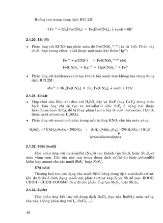 Kh«ng tan trong dung dÞch HCl 2M:

                  3Fe 2+ + 2K3[Fe(CN)6] = Fe3[Fe(CN)6]2 ↓ xanh + 6K+

2.1.30. S¾t (III)

•    Ph¶n øng víi KCNS t¹o phøc mµu ®á Fe(CNS)x (3−x)+; (x tõ 1-6). Phøc nµy
     chiÕt ®−îc trong ether, alcol (hoÆc mÊt mµu khi thªm Hg2+)

                          Fe 3+ + x(CNS−)    = Fe(CNS)x (3−x)+ (®á)
                          Fe(CNS)4 − + Hg 2+ = Hg(CNS)4 2− + Fe3+

•    Ph¶n øng víi kaliferocyanid t¹o thµnh tña xanh lam kh«ng tan trong dung
     dÞch HCl 2M :

                 4Fe3+ + 3K4[Fe(CN)6] = Fe4[Fe(CN)6]3 ↓ xanh + 12K+

2.1.31. Silicat
•    Hîp chÊt cña Silic khi ®un víi H2SO4 ®Æc vµ NaF (hay CaF2) trong chÐn
     b¹ch kim hay ch× sÏ t¹o ra tetraflorid silic SiF4 ë d¹ng h¬i (hoÆc
     hexaflorosilicat SiF6), dÔ bÞ thuû ph©n t¹o ra tña lµ acid metasilisic H2SiO3
     (hoÆc acid octosilisic H4SiO4).
•    Ph¶n øng víi amonimolipdat trong m«i tr−êng HNO3 cho tña mµu vµng :

    H2SiO3 + 12(NH4)2MoO 4 + 20HNO 3    = (NH4)3[SiMo12O40] + 20 NH4NO3 + 11H2O

                                            (amonisilicomolipdat)

2.1.32. Stibi (muèi)

    Cho ph¶n øng víi natrisulfid (Na2S) t¹o thµnh tña Sb2S3 hoÆc Sb2S5 cã
mµu vµng cam. C¸c tña nµy tan trong dung dÞch sulfid d− hoÆc polysulf×d
kiÒm hay amoni cho c¸c muèi SbS5− hoÆc SbS4−.
       Ghi chó:
     Th−êng hoµ tan c¸c d¹ng cña muèi Stibi b»ng dung dÞch natrikalitartrat,
khi ®ã Stibi ë d−íi d¹ng muèi néi phøc tartrat kÐp K vµ Sb dÔ tan: KOOC-
CHOH - CHOH-COOSbO. Sau ®ã cho ph¶n øng t¹o Sb2S3 hoÆc Sb2S5.

2.1.33. Sulfat

     Cho ph¶n øng kÕt tña víi dung dÞch BaCl2 (t¹o tña BaSO4) mµu tr¾ng,
tña nµy kh«ng ph¶n øng víi I2, SnCl2 …).


46
 