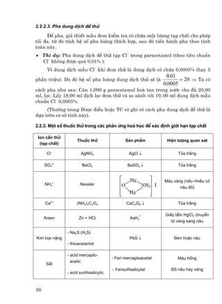 2.2.2.3. Pha dung dÞch ®Ó thö

     §Ó pha, gi¶ thiÕt mÉu ®em kiÓm tra cã chøa mét l−îng t¹p chÊt cho phÐp
tèi ®a, tõ ®ã tÝnh hÖ sè pha lo·ng thÝch hîp, sau ®ã tiÕn hµnh pha theo tÝnh
to¸n nµy.
• ThÝ dô: Pha dung dÞch ®Ó thö t¹p Cl− trong paracetamol (theo tiªu chuÈn
  Cl− kh«ng ®−îc qu¸ 0,01% ):
      V× dung dÞch mÉu Cl− khi ®em thö lµ dung dÞch cã chøa 0,0005% (hay 5
                                                                   0,01
phÇn triÖu). Do ®ã hÖ sè pha lo·ng dung dÞch thö sÏ lµ                   = 20 ⇒ Ta cã
                                                                  0,0005
c¸ch pha nh− sau: C©n 1,000 g paracetamol hoµ tan trong n−íc cho ®ñ 20,00
ml, läc. LÊy 10,00 ml dÞch läc ®em thö vµ so s¸nh víi 10, 00 ml dung dÞch mÉu
chuÈn Cl− 0,0005%.
     (Th−êng trong D−îc ®iÓn hoÆc TC cã ghi râ c¸ch pha dung dÞch ®Ó thö lµ
dùa trªn c¬ së tÝnh nµy).

2.2.3. Mét sè thuèc thö trong c¸c ph¶n øng ho¸ häc ®Ó x¸c ®Þnh giíi h¹n t¹p chÊt

 Ion cÇn thö
                     Thuèc thö                   S¶n phÈm          HiÖn t−îng quan s¸t
  (t¹p chÊt)

      Cl-                 AgNO3                   AgCl ↓                Tña tr¾ng

     SO42-                BaCl2                  BaSO4 ↓                Tña tr¾ng


                                                   Hg             Mµu vµng (nÕu nhiÒu cã
     NH4+              Nessler               O            NH2 I          n©u ®á)
                                                  Hg

     Ca2+            (NH4)2C2O4                  CaC2O4 ↓               Tña tr¾ng

                                                                  GiÊy tÈm HgCl2 chuyÓn
     Arsen            Zn + HCl                    AsH3↑
                                                                     tõ vµng sang n©u

                - Na2S (H2S)
Kim lo¹i nÆng                                     PbS ↓               §en hoÆc n©u
                - thioacetamid

                - acid mercapto-
                                        - Feri mercaptoacetat           Mµu hång
                 acetic
      S¾t
                                        − Ferisulfisalicylat         §á n©u hay vµng
                - acid sunfosalicylic



50
 