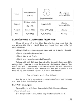 O     Al/3
                                                  N
                8-hydroxyquinolin                                  Mµu vµng r¬m
   Nh«m
                   (ë pH ∼6)                                      (tan trong CHCl3)

                                      (oxyquinolat nh«m)

                8-hydroxyquinolin
                                                                     Mµu vµng
  Magnesi                               Oxyquinolat Mg
                                                                  (tan trong CHCl3)
                   (ë pH ∼10)

  Phosphat       Sulphomolybdic       (NH4)3H4[P(Mo2O7)6]            Mµu vµng

    KÏm           K4[Fe(CN)6]           K2Zn3[Fe(CN)6]2              Tña tr¾ng



2.3. ChuÈn ®é acid - base trong m«i tr−êng khan

     ChuÈn ®é trong m«i tr−êng khan dùa trªn ph¶n øng trung hoµ gi÷a
acid vµ base. Cho ®Õn nay cã thÓ thèng kª 4 thuyÕt chÝnh ph¸t triÓn kh¸i
niÖm acid - base:
      ThuyÕt ®iÖn ly acid - base trong m«i tr−êng n−íc cña Arrhenius - Ostwald
      ThuyÕt proton cña Bronsted-Lowry,
      ThuyÕt ®iÖn tö cña Lewis,
      ThuyÕt acid - base tæng qu¸t cña Usanovich.
     Víi môc ®Ých gi¶i thÝch øng dông c¸c ph¶n øng acid - base trong kiÓm
nghiÖm thuèc, chóng ta xö dông thuyÕt proton cña Bronsted - Lowry. Theo
thuyÕt nµy, acid vµ base t¹o ra nh÷ng cÆp acid - base liªn hîp, chóng kh¸c
nhau mét proton. Ph¶n øng acid - base lµ ph¶n øng gi÷a 1 acid vµ 1 base
thuéc hai cÆp acid - base liªn hîp: acid 1/ base1 vµ acid 2/ base 2.

                    Acid 1 + base 2             Acid 2 + base 1

      CÆp thø hai cã thÓ lµ ph©n tö chÊt tan hoÆc ph©n tö dung m«i. Ph¶n øng
acid - base lµ ph¶n øng cho nhËn proton.

2.3.1. Vai trß cña dung m«i

     Trong ph¶n øng acid - base, dung m«i cã thÓ t¸c ®éng theo 2 h−íng.
• Solvat hãa chÊt tan:
     NÕu dung m«i cã tÝnh acid, nã lµm t¨ng tÝnh base cña chÊt tan B


                                                                                      51
 