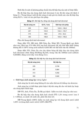 D−íi ®©y lµ mét sè ph−¬ng ph¸p chuÈn hãa ®é hÊp thô cña mét sè d−îc ®iÓn:
     §o ®é hÊp thô cña dung dÞch kali dicromat ë c¸c ®é dµi sãng chØ ®Þnh ë
b¶ng 3.1. Trong b¶ng ë mçi ®é dµi sãng cã mét gi¸ trÞ chÝnh x¸c cña ®é hÊp thô
riªng E(1%, 1cm) vµ c¸c gi¬Ý h¹n cho phÐp.

                B¶ng 3.1. §é hÊp thô riªng cña dung dÞch kali dicromat

            §é dµi sãng nm          E(1%, 1cm)        Giíi h¹n cho phÐp

                 235                  124,5             122,9 – 126,2
                 257                  144,0             142,4 – 145,7
                 313                   48,6              47,6 − 50,3
                 350                  106,6             104,9 – 109,2

     Pha chÕ dung dÞch kali dicromat:
    D−îc ®iÓn VN, D§ Anh, D§ Ch©u ¢u, NhËt XII, Trung Quèc qui ®Þnh
nh− sau: Hoµ tan 57,0 ®Õn 63,0 mg kali dicromat ®· sÊy kh« ®Õn khèi l−îng
kh«ng ®æi ë 1300C trong acid sulfuric 0,005 M/l víi thÓ tÝch võa ®ñ 1000ml.
     D−îc ®iÓn VN, Ch©u ¢u cßn cho thªm b¶ng ®é hÊp thô cña dung dÞch
kali dicromat chøa ®óng 60,06mg K2CrO7 trong võa ®ñ 1000ml acid sulfuric
0,005M/l, dïng cuvet dµy 1cm (b¶ng 3.2.).

                   B¶ng 3.2. §é hÊp thô cña dung dÞch kali dicromat

                 §é dµi sãng (nm)                  §é hÊp thô

                       235                           0,748

                       257                           0,864

                       313                           0,292

                       350                           0,640

• Giíi h¹n ¸nh s¸ng l¹c (stray light)
     ¸nh s¸ng l¹c lµ ¸nh s¸ng kh«ng ®i vµo mÉu thö mµ ®i th¼ng vµo detector.
     ¸nh s¸ng l¹c cã thÓ ®−îc ph¸t hiÖn ë ®é dµi sãng ®· cho víi kÝnh läc hoÆc
c¸c dung dÞch thÝch hîp.
     D§ VN, Anh, Ch©u ¢u, Ên §é qui ®Þnh : kiÓm tra ¸nh s¸ng l¹c nh− sau:
     §o ®é hÊp thô cña dung dÞch kali clorid (TT) 1,2% trong cuvet 1cm ë
λ = 200nm, so s¸nh víi n−íc cÊt, ph¶i lín h¬n 2,0.
     D§ Trung Quèc (1997): kiÓm tra ¸nh s¸ng l¹c víi dung dÞch natri iodid
1,00% vµ dung dÞch natri nitrit 5,00% (KL/TT).


                                                                            71
 