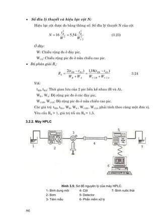 •    Sè ®Üa lý thuyÕt vµ hiÖu lùc cét N:
      HiÖu lùc cét ®−îc ®o b»ng th«ng sè: Sè ®Üa lý thuyÕt N cña cét
                       2         2
                      tR        tR
                N = 16 2 = 5,54 2                                    (3.23)
                      W        W1/ 2

      ë ®©y:
        W: ChiÒu réng ®o ë ®¸y pic,
        W1/2: ChiÒu réng pic ®o ë nöa chiÒu cao pic.
• §é ph©n gi¶i Rs:

                              2(t RB − t RA ) 1,18(t RB − t RA )
                       RS =                  =                                3.24
                               WB + W A        W1 / 2 B + W1 / 2 A
      Víi:
        tRB, tRA: Thêi gian l−u cña 2 pic liÒn kÒ nhau (B vµ A),
        WB , WA: §é réng pic ®o ë c¸c ®¸y pic,
        W1/2B, W1/2A: §é réng pic ®o ë nöa chiÒu cao pic.
      C¸c gi¸ trÞ: tRB, tRA, WB, WA , W1/2B , W1/2A ph¶i tÝnh theo cïng mét ®¬n vÞ.
      Yªu cÇu RS > 1, gi¸ trÞ tèi −u RS = 1,5.

3.2.2. M¸y HPLC




                          H×nh 3.5: S¬ ®å nguyªn lý cña m¸y HPLC.
               1- B×nh dung m«i       4- Cét               7- B×nh n−íc th¶i
               2- B¬m                 5- Detector
               3- Tiªm mÉu            6- PhÇn mÒm xö lý


86
 