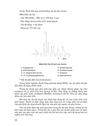 VÝ dô: T¸ch hçn hîp steorid b»ng s¾c ký pha thuËn.
     §iÒu kiÖn s¾c ký:
     - Cét: MicroPak – NH2 2,2 x 150 mm, 5 µm.
     - Pha ®éng: hexan chøa 0,2% isopropanol.
     - Tèc ®é dßng: 1 ml/ phót.
     - Detector: UV 254 nm




                                                        phót

                            H×nh 3.6: S¾c ®å t¸ch c¸c steroid
      1- Progesterone                             5- Andrenosterone
      2- Androstendione                           6- Cortisone acetat
      3- ∆4- pregnon-20-β-ol-one                  7- Cortisone
      4- 17-α-hydroxyprogesterone                 8- Hydrocortisone

     * S¾c ký pha ®¶o (reversed phase) :
     Trong kiÓm nghiÖm thuèc b»ng ph−¬ng ph¸p HPLC, s¾c ký ph©n bè pha
®¶o ®−îc sö dông nhiÒu nhÊt.
     Trong kü thuËt nµy pha tÜnh bao gåm c¸c nhãm kh«ng ph©n cùc nh−
octadecyl (C18), octyl (C8) hay phenyl (C6H5). Pha ®éng lµ nh÷ng dung m«i
ph©n cùc nh−: n−íc, methanol (MeOH), acetonitril (ACN). Tãm l¹i, pha ®éng
ph©n cùc h¬n pha tÜnh.
     §é chän läc cña kü thuËt nµy kh¸c biÖt ®¸ng kÓ víi qu¸ tr×nh t¸ch trªn
pha thuËn. Ng−êi ta thÊy r»ng, mét chÊt cµng tan tèt trong n−íc th× nã ®−îc
röa gi¶i khái cét cµng nhanh. Quy t¾c röa gi¶i nµy ng−îc víi pha thuËn.
     Víi c¸c chÊt ®−îc röa gi¶i qu¸ sím trong s¾c ký pha thuËn, chóng sÏ rÊt
khã t¸ch rêi khái nhau. Trong khi ®ã, ë pha ®¶o c¸c thµnh phÇn nµy sÏ ®−îc
röa gi¶i vµo gÇn cuèi cña qu¸ tr×nh s¾c ký lµm cho viÖc t¸ch dÔ dµng h¬n (cã
nghÜa lµ k’ lín h¬n).

90
 