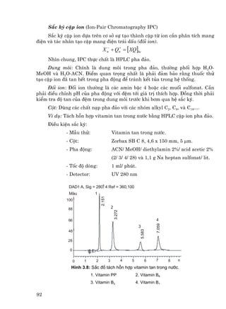 S¾c ký cÆp ion (Ion-Pair Chromatography IPC)
     S¾c ký cÆp ion dùa trªn c¬ së sù t¹o thµnh cÆp tõ ion cÇn ph©n tÝch mang
®iÖn vµ t¸c nh©n t¹o cÆp mang ®iÖn tr¸i dÊu (®èi ion).
                                   X n + Qn = [ XQ ]hc
                                     −    +


     Nh×n chung, IPC thùc chÊt lµ HPLC pha ®¶o.
     Dung m«i: ChÝnh lµ dung m«i trong pha ®¶o, th−êng phèi hîp H2O-
MeOH vµ H2O-ACN. §iÓm quan träng nhÊt lµ ph¶i ®¶m b¶o r»ng thuèc thö
t¹o cÆp ion ®· tan hÕt trong pha ®éng ®Ó tr¸nh kÕt tña trong hÖ thèng.
     §èi ion: §èi ion th−êng lµ c¸c amin bËc 4 hoÆc c¸c muèi sulfonat. CÇn
ph¶i ®iÒu chØnh pH cña pha ®éng víi ®Öm tíi gi¸ trÞ thÝch hîp. §ång thêi ph¶i
kiÓm tra ®é tan cña ®Öm trong dung m«i tr−íc khi b¬m qua hÖ s¾c ký.
     Cét: Dïng c¸c chÊt n¹p pha ®¶o víi c¸c nhãm alkyl C2, C8, vµ C18....
     VÝ dô: T¸ch hçn hîp vitamin tan trong n−íc b»ng HPLC cÆp ion pha ®¶o.
     §iÒu kiÖn s¾c ký:
             - MÉu thö:                       Vitamin tan trong n−íc.
             - Cét:                           Zorbax SB C 8, 4,6 x 150 mm, 5 µm.
             - Pha ®éng:                      ACN/ MeOH/ diethylamin 2%/ acid acetic 2%
                                              (2/ 3/ 4/ 28) vµ 1,1 g Na heptan sulfonat/ lit.
             - Tèc ®é dßng:                   1 ml/ phót.
             - Detector:                      UV 280 nm

                               1
              DAD1 A, Sig = 280, 4 Ref = 360,100
              Mµu            1
                                  2.151




             100

              88                              2
                                                  3.272




              66                                                               4
                                                                               7.059




                                                                   3
                                                                       5.583




              48

              28

              0


                   0   1      2           3               4   5            6   7       8   n
               H×nh 3.8: S¾c ®å t¸ch hçn hîp vitamin tan trong n−íc.
                           1. Vitamin PP                          2. Vitamin B6
                           3. Vitamin B2                          4. Vitamin B1

92
 