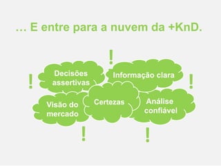 … E entre para a nuvem da +KnD.
!
Decisões
assertivas
!
Visão do
mercado
Informação clara
Análise
confiável
Certezas
!!
!
 