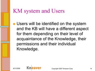 KM system and Users

    Users will be identified on the system
    and the KB will have a different aspect
    for them d...