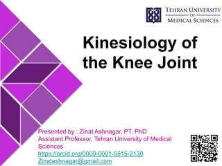 Kinesiology of
the Knee Joint
Presented by : Zinat Ashnagar, PT, PhD
Assistant Professor, Tehran University of Medical
Sciences
https://orcid.org/0000-0001-5515-2130
Zinatashnagar@gmail.com
 