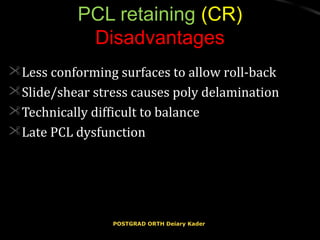 PCL retainingPCL retaining (CR)(CR)
DisadvantagesDisadvantages
Less conforming surfaces to allow roll-backLess conforming surfaces to allow roll-back
Slide/shear stress causes poly delaminationSlide/shear stress causes poly delamination
Technically difficult to balanceTechnically difficult to balance
Late PCL dysfunctionLate PCL dysfunction
POSTGRAD ORTH Deiary KaderPOSTGRAD ORTH Deiary Kader
 