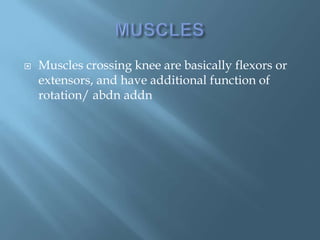    Muscles crossing knee are basically flexors or
    extensors, and have additional function of
    rotation/ abdn addn
 