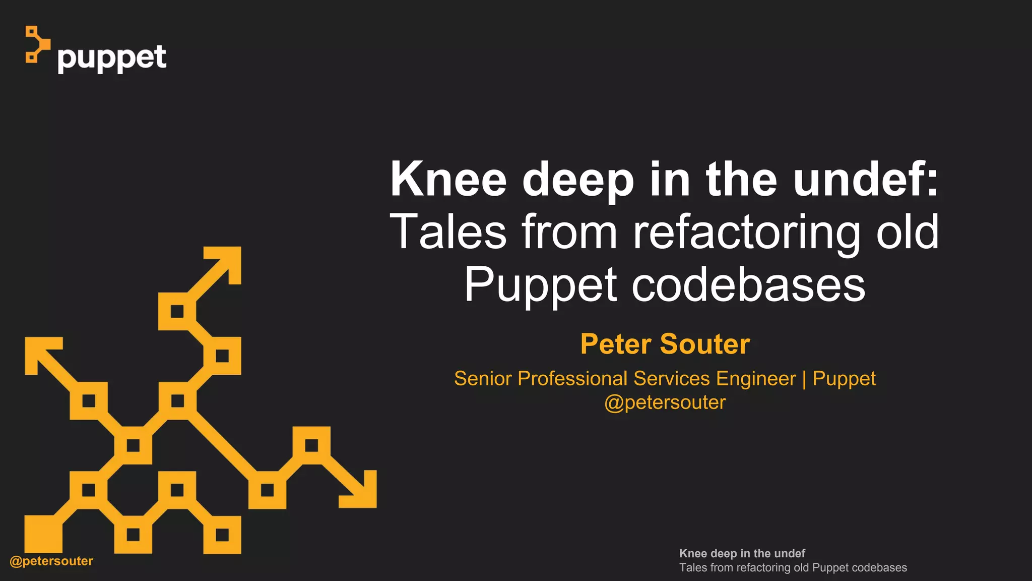 Knee deep in the undef
Tales from refactoring old Puppet codebases
@petersouter
Knee deep in the undef:
Tales from refactoring old
Puppet codebases
Peter Souter
Senior Professional Services Engineer | Puppet
@petersouter
 