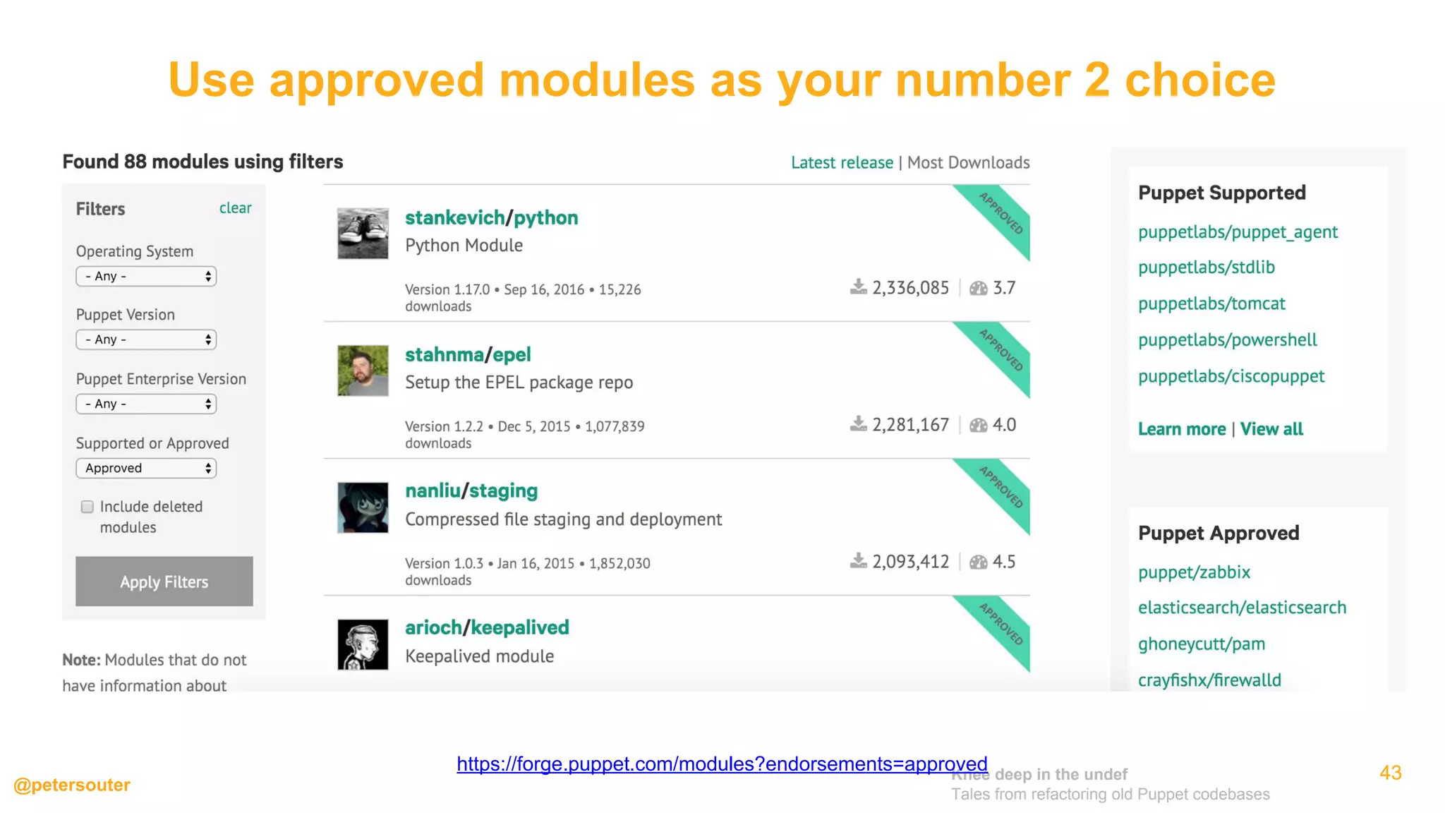 Knee deep in the undef
Tales from refactoring old Puppet codebases
@petersouter
4343
Use approved modules as your number 2 choice
43https://forge.puppet.com/modules?endorsements=approved
 