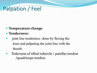 Palpation / Feel
 Temperature change
 Tenderness:
 joint line tenderness -done by flexing the
knee and palpating the joint line with the
thumb.
 Tederness of tibial tubercle / patellar tendon
/quadriceps tendon.
 