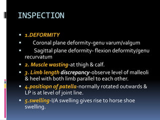 INSPECTION
 1.DEFORMITY
 Coronal plane deformity-genu varum/valgum
 Sagittal plane deformity- flexion deformity/genu
recurvatum
 2. Muscle wasting-at thigh & calf.
 3. Limb length discrepancy-observe level of malleoli
& heel with both limb parallel to each other.
 4.positiopn of patella-normally rotated outwards &
LP is at level of joint line.
 5.swelling-I/A swelling gives rise to horse shoe
swelling.
 