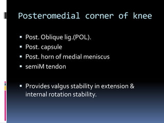 Posteromedial corner of knee
 Post. Oblique lig.(POL).
 Post. capsule
 Post. horn of medial meniscus
 semiM tendon
 Provides valgus stability in extension &
internal rotation stability.
 