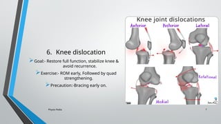 Physio Pedia 7
6. Knee dislocation
Goal:- Restore full function, stabilize knee &
avoid recurrence.
Exercise:- ROM early, Followed by quad
strengthening.
Precaution:-Bracing early on.
 