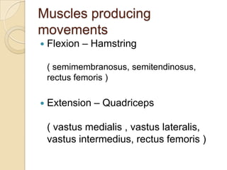 Muscles producing
movements
   Flexion – Hamstring

    ( semimembranosus, semitendinosus,
    rectus femoris )

   Extension – Quadriceps

    ( vastus medialis , vastus lateralis,
    vastus intermedius, rectus femoris )
 