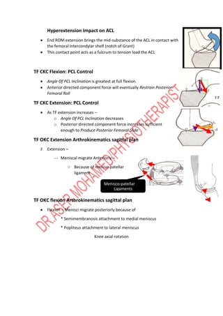 Hyperextension Impact on ACL
 End ROM extension brings the mid-substance of the ACL in contact with
the femoral intercondylar shelf (notch of Grant)
 This contact point acts as a fulcrum to tension load the ACL
TF CKC Flexion: PCL Control
 Angle Of PCL Inclination is greatest at full flexion.
 Anterior directed component force will eventually Restrain Posterior
Femoral Roll
TF CKC Extension: PCL Control
 As TF extension increases –
o Angle Of PCL Inclination decreases
o Posterior directed component force increases sufficient
enough to Produce Posterior Femoral Slide
TF OKC Extension Arthrokinematics sagittal plan
ž Extension –
— Meniscal migrate Anteriorly –
○ Because of meniso-patellar
ligament
TF OKC flexion Arthrokinematics sagittal plan
 Flexion – Menisci migrate posteriorly because of
* Semimembranosis attachment to medial meniscus
* Popliteus attachment to lateral meniscus
Knee axial rotation
Menisco-patellar
Ligaments
 