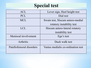 Knee joint anatomy, biomechanics, pathomechanics and assessment | PPTX
