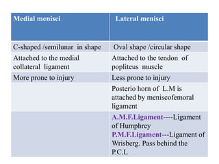 Medial menisci Lateral menisci
C-shaped /semilunar in shape Oval shape /circular shape
Attached to the medial
collateral ligament
Attached to the tendon of
popliteus muscle
More prone to injury Less prone to injury
Posterio horn of L.M is
attached by meniscofemoral
ligament
A.M.F.Ligament----Ligament
of Humphrey
P.M.F.Ligament---Ligament of
Wrisberg. Pass behind the
P.C.L
 