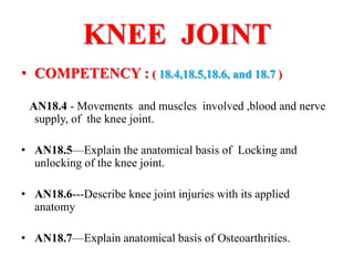 KNEE JOINT
• COMPETENCY : ( 18.4,18.5,18.6, and 18.7 )
AN18.4 - Movements and muscles involved ,blood and nerve
supply, of the knee joint.
• AN18.5—Explain the anatomical basis of Locking and
unlocking of the knee joint.
• AN18.6---Describe knee joint injuries with its applied
anatomy
• AN18.7—Explain anatomical basis of Osteoarthrities.
 