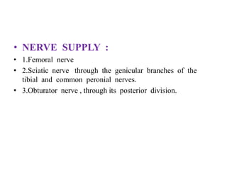• NERVE SUPPLY :
• 1.Femoral nerve
• 2.Sciatic nerve through the genicular branches of the
tibial and common peronial nerves.
• 3.Obturator nerve , through its posterior division.
 