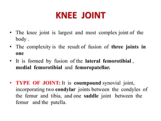 KNEE JOINT
• The knee joint is largest and most complex joint of the
body .
• The complexity is the result of fusion of three joints in
one
• It is formed by fusion of the lateral femorotibial ,
medial femorotibial and femoropatellar.
• TYPE OF JOINT: It is coumpound synovial joint,
incorporating two condylar joints between the condyles of
the femur and tibia, and one saddle joint between the
femur and the patella.
 