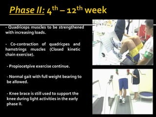- Quadriceps muscles to be strengthened
with increasing loads.
- Co-contraction of quadricpes and
hamstrings muscles (Closed kinetic
chain exercise).
- Propiocetpive exercise continue.
- Normal gait with full weight bearing to
be allowed.
- Knee brace is still used to support the
knee during light activities in the early
phase II.

 