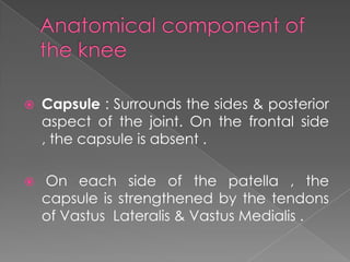  Capsule : Surrounds the sides & posterior
aspect of the joint. On the frontal side
, the capsule is absent .
 On each side of the patella , the
capsule is strengthened by the tendons
of Vastus Lateralis & Vastus Medialis .
 