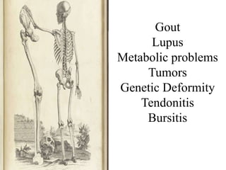 Gout
Lupus
Metabolic problems
Tumors
Genetic Deformity
Tendonitis
Bursitis
 