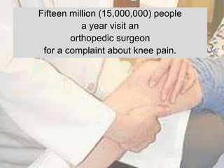 Fifteen million (15,000,000) people
a year visit an
orthopedic surgeon
for a complaint about knee pain.
 