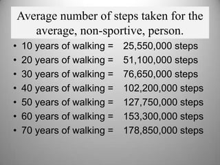Average number of steps taken for the
average, non-sportive, person.
• 10 years of walking = 25,550,000 steps
• 20 years o...