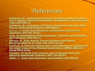 References
Calmbach, W: Evaluation of Patients Presenting with Knee Pain:
Part I. History, Physical Examination, Radiographs, and Laboratory
Tests (AFP:68(5))
Calmbach, W: Evaluation of Patients Presenting with Knee Pain:
Part II. Differential Diagnosis (AFP:68(5))
Johnson, M: Acute Knee Effusions: A Systematic Approach to
Diagnosis (AFP:Vol 16(8))
Juhn, M: Patellofemoral Pain Syndrome: A Review and Guidelines
for Treatment (AFP:60(7))
Paluska, S: Knee Braces: Current Evidence and Clinical
Recommendations for Their Use (AFP: 61(2))
Solomon, D: Does the Patient have a torn Meniscus or Ligament of
the Knee? Value of the Physical Examination (JAMA:(286(13)) –
needs MCW proxy
Tandeter, H: Acute Knee Injuries: Use of Decision Rules for
Selective Radiograph Ordering (AFP: Vol 60(9))
Zuber, T: Knee Joint Aspiration and Injection (AFP:66(8))
 