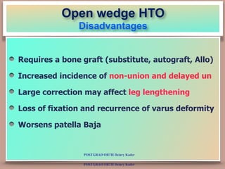 POSTGRAD ORTH Deiary Kader
Open wedge HTO  
Disadvantages
Requires a bone graft (substitute, autograft, Allo)
Increased in...