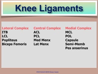 POSTGRAD ORTH Deiary Kader
Knee Ligaments
Lateral Complex
ITB
LCL
Popliteus
Biceps Femoris
Central Complex
ACL
PCL
Med Men...