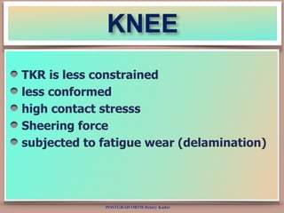 POSTGRAD ORTH Deiary Kader
KNEE
TKR is less constrained
less conformed
high contact stresss
Sheering force
subjected to fa...