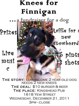Knees for Finnigan … a fundraiser for a dog The story:  low income 2 year old dog needs 2 new knees  The deal:  $10 burger & beer The place:  Kingshead Pub  1618 Yew Street Wednesday, December 21, 2011 3pm - close Raffle for a new snowboard $5 pints $3 shots Prizes Live music 