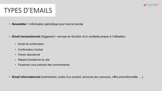 TYPES D’EMAILS
• Newsletter > information périodique pour tout le monde
• Email transactionnel (triggered) > envoyé en fonction d’un contexte propre à l’utilisateur
• Email de confirmation
• Confirmation d’achat
• Panier abandonné
• Rappel d’existence du site
• Facebook vous prévient des commentaires
• Email informationnel (événement, sortie d’un produit, annonce jeu concours, offre promotionnelle, …)
 