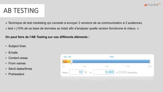 AB TESTING
« Technique de test marketing qui consiste à envoyer 2 versions de sa communication à 2 audiences
« test » (10% de sa base de données au total) afin d’analyser quelle version fonctionne le mieux. »
On peut faire de l’AB Testing sur ces différents éléments :
• Subject lines
• Emails
• Content areas
• From names
• Send dates/times
• Preheaders
 