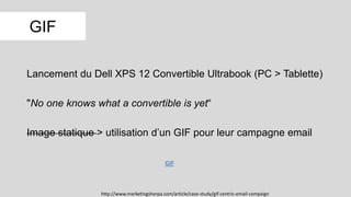 GIF
Lancement du Dell XPS 12 Convertible Ultrabook (PC > Tablette)
"No one knows what a convertible is yet“
Image statique > utilisation d’un GIF pour leur campagne email
http://www.marketingsherpa.com/article/case-study/gif-centric-email-campaign
GIF
 