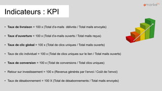 • Taux de livraison = 100 x (Total d’e-mails délivrés / Total mails envoyés)
• Taux d’ouverture = 100 x (Total d’e-mails ouverts / Total mails reçus)
• Taux de clic global = 100 x (Total de clics uniques / Total mails ouverts)
• Taux de clic individuel = 100 x (Total de clics uniques sur le lien / Total mails ouverts)
• Taux de conversion = 100 x (Total de conversions / Total clics uniques)
• Retour sur investissement = 100 x (Revenus générés par l’envoi / Coût de l’envoi)
• Taux de désabonnement = 100 X (Total de désabonnements / Total mails envoyés)
Indicateurs : KPI
 